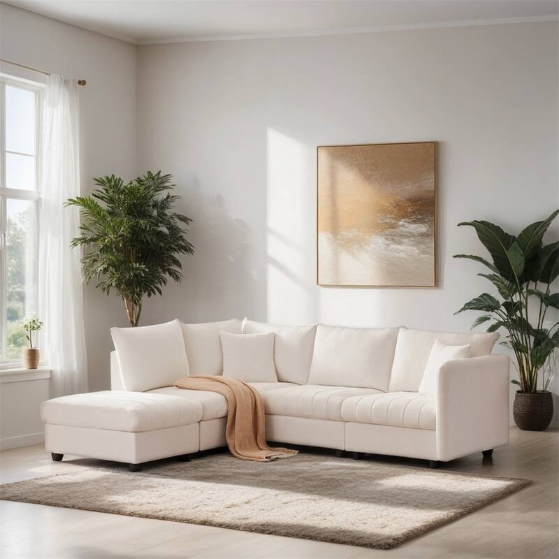 Sectional Sofa w/Vertical Stripes,5-Seat Couch w/Convertible Ottoman