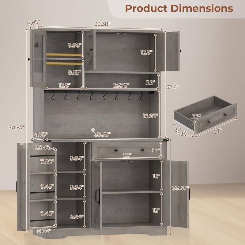 Farmhouse Kitchen Pantry Cabinet Drawer & Doors Adjustable Shelf
