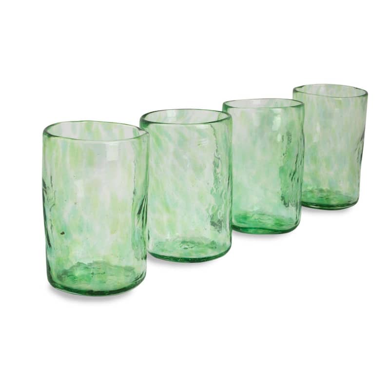 Handmade Green Mist Blown Glass Tumblers (Set Of 4) Mexico - 4.9" H x 3" Diam.