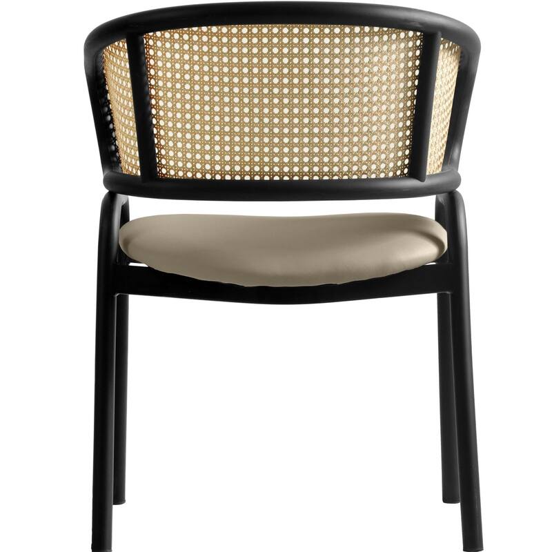 LeisureMod Modern Leather Dining Chair with Wicker Back & Black Steel Frame - Accent Side Armchair for Home Furniture