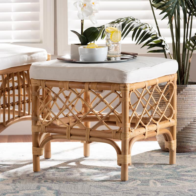 Orchard Modern Bohemian Upholstered Rattan Ottoman-White/Natural Brown