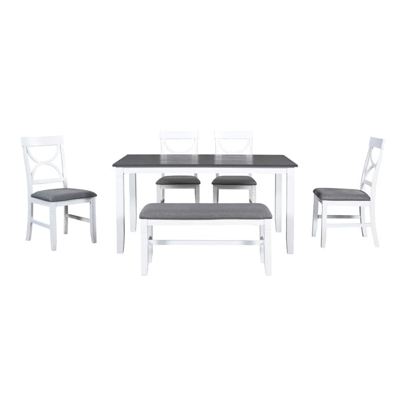 6-Piece Farmhouse Dining Set in Gray & White‌ – Solid Wood Table with Upholstered Bench & 4 Matching Chairs, Perfect.