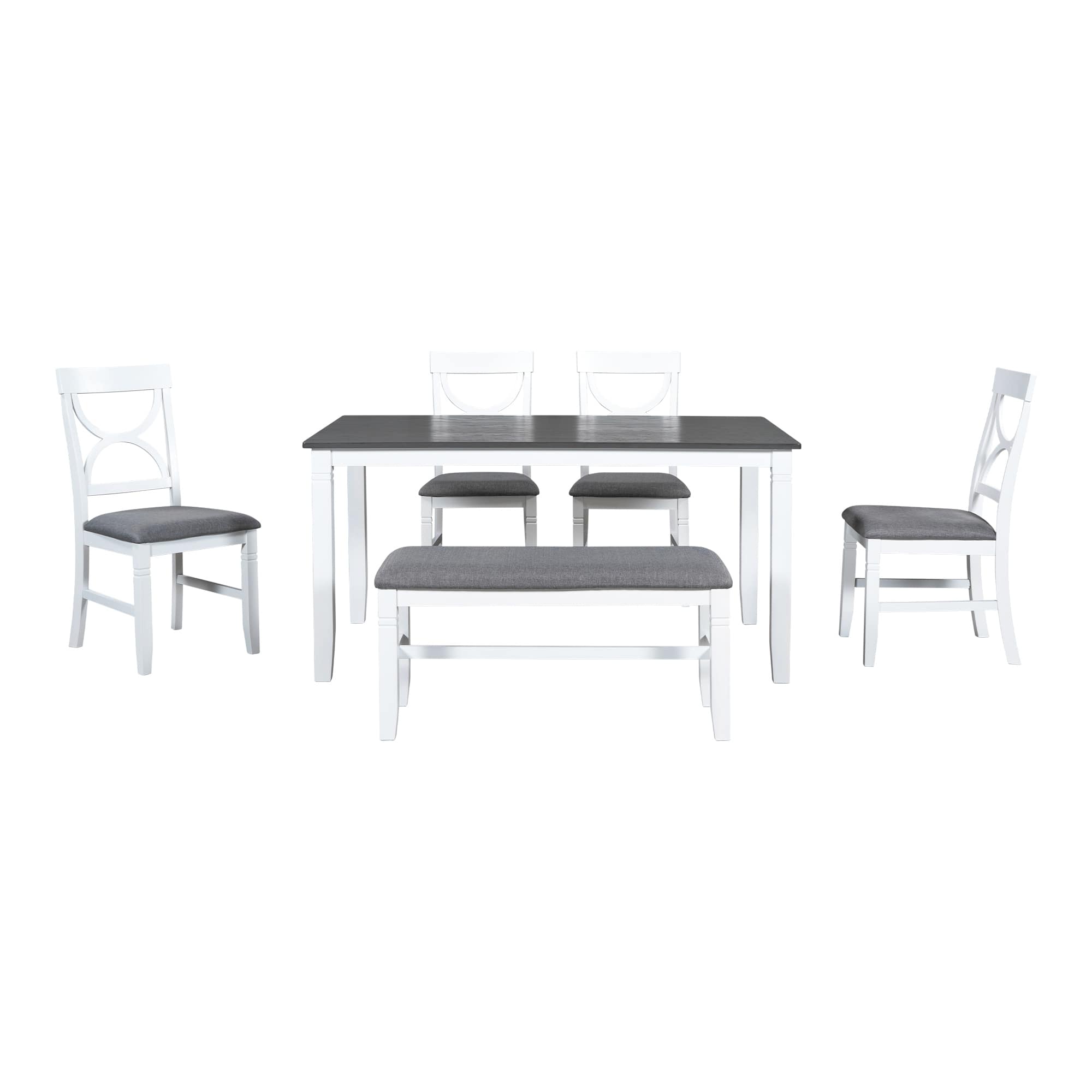 6Piece Farmhouse Style Dining Table Set Table, 4 Chairs, Upholstered Bench Gray Top, White
