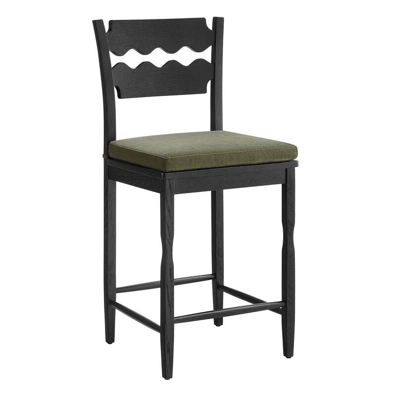 Jax Oak Wood Counter Stool With Wavy Razor Back and Cushion
