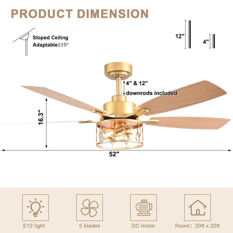 Bella Depot 52" Modern Gold Ceiling Fan with Light and Remote 6-Speed Large Caged Ceiling Fan