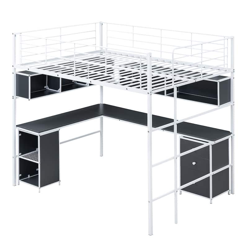 Metal Loft Bed With Bookcase,Desk And Cabinet,Full