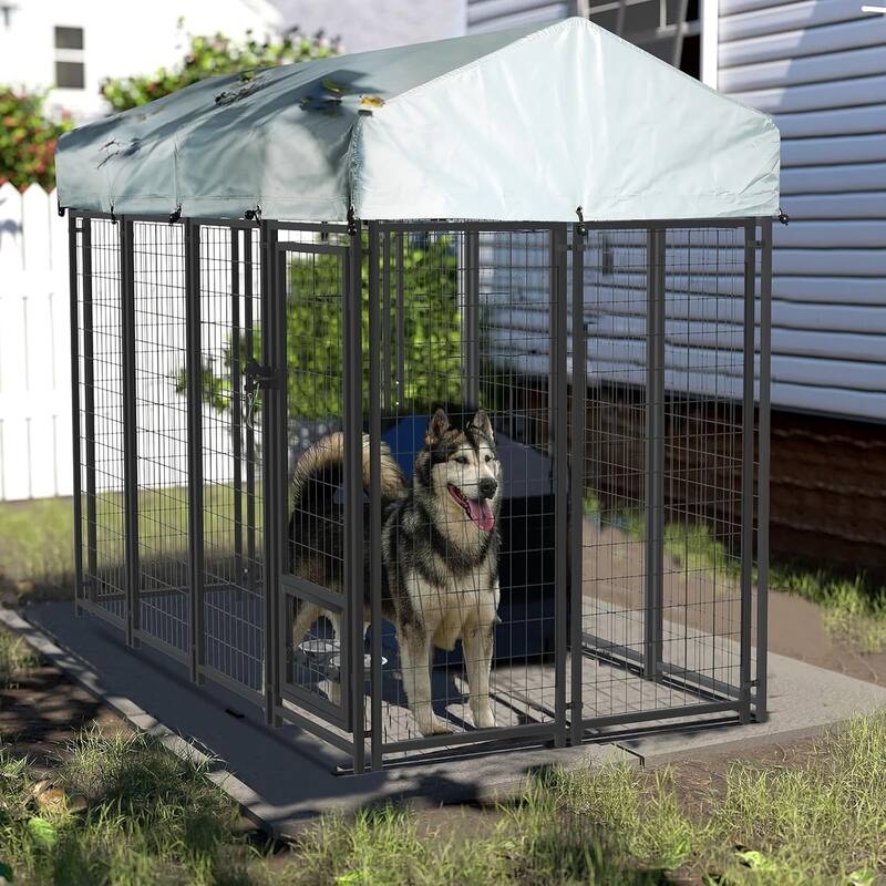 BOSSIN Large Outdoor Dog Kennel Galvanized Steel Fence with UV-Resistant Oxford Cloth Roof & Secure Lock