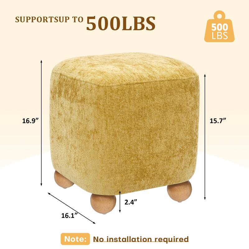 Chenille Upholstered Pouf Ottoman Footstool Acacia Solid Wood Footrest