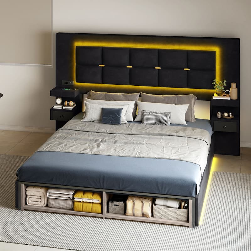 Queen Size Velvet Bed Frame with Upholstered Headboard LED Lighting and Built-in Charging Station for Modern Bedroom Luxury
