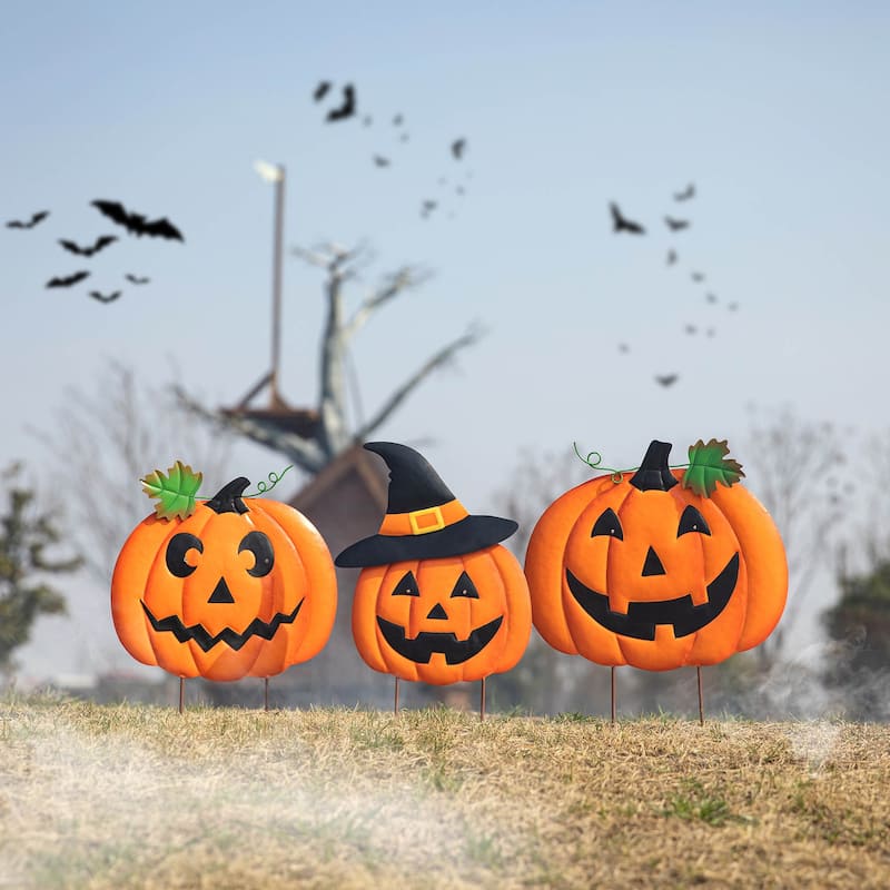 Glitzhome Lighted Halloween Metal Stacked Jack-O-Lantern Yard Stake Hanging Sign