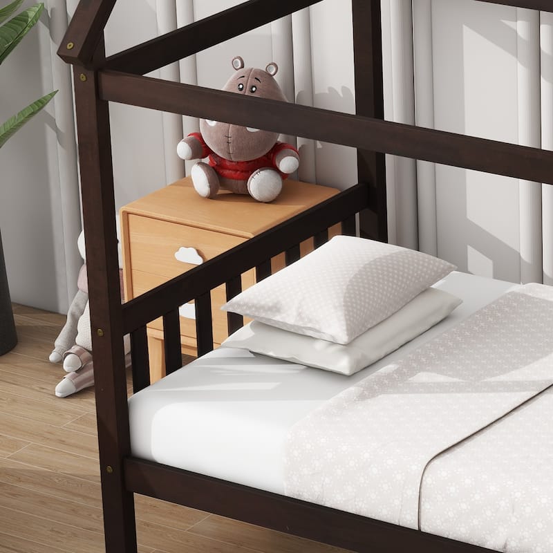 Twin House Bed with Headboard and Footboard, Twin Rubber Wood Bed with House Frame, White