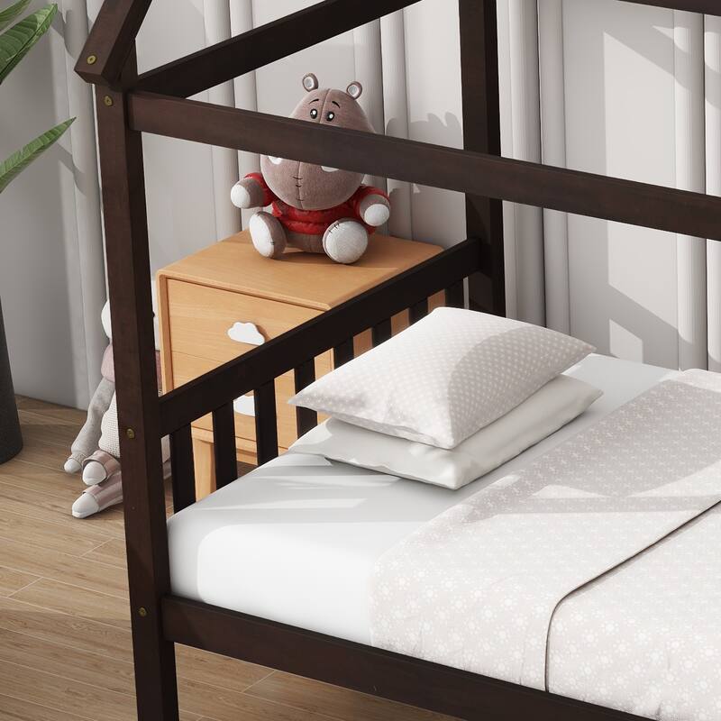 Twin Rubber Wood Bed Frame, House Shaped Platform Bed w/ Roof, Solid Wood Twin Size House Bed Frame with Headboard and Footboard