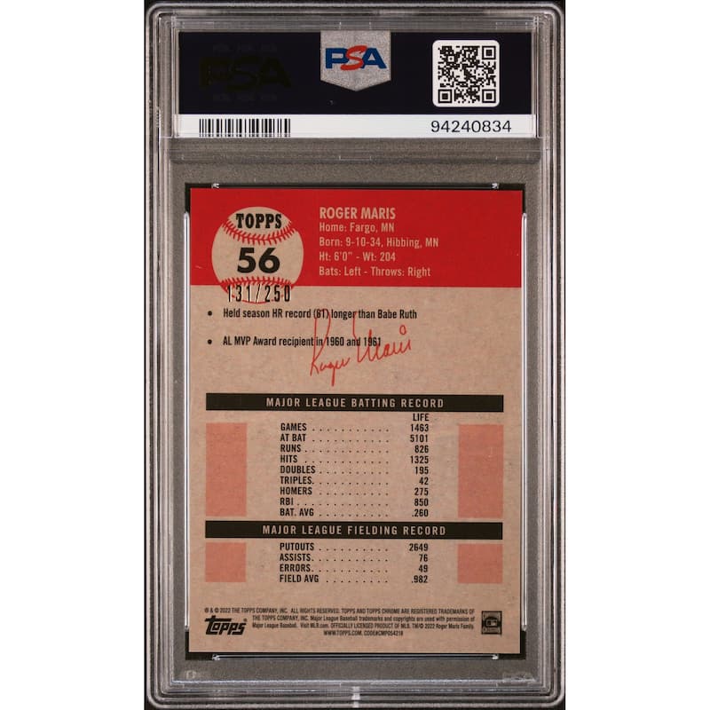 Roger Maris 2022 Topps Chrome Yellow Raywave Refractor Baseball Card #56 Graded PSA 10 131/250 - 8' x 11'