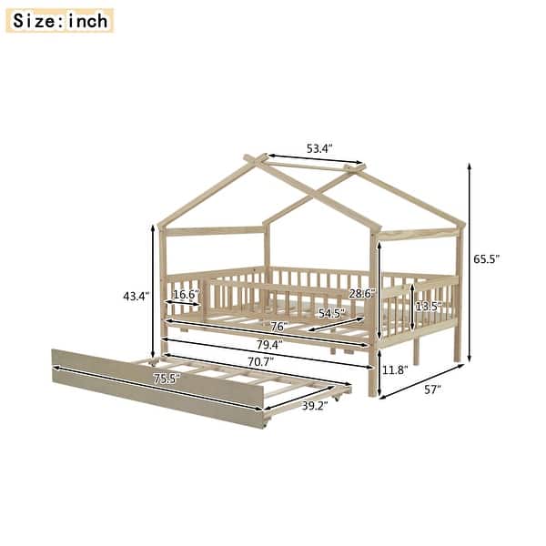 dimension image slide 0 of 3, Full Size Wooden House Bed with Twin Size Trundle, Roof and Fence