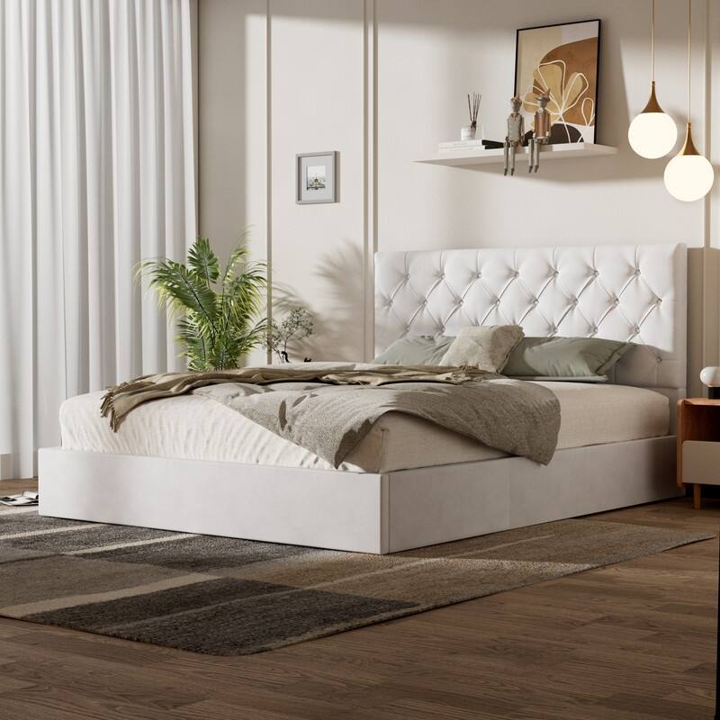Plywood Frame Upholstered Platform Bed with Lift-up Storage Supported by Metal and Wooden Slats - White - Full