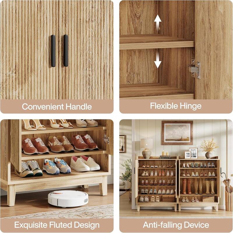 20-Pair Farmhouse Shoe Organizer Rack Storage Cabinet with Doors for Entryway Hallway Closet, Natural