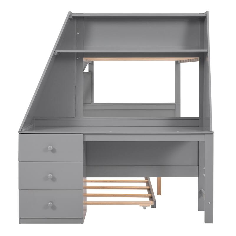 Twin over Full Bunk Bed with Trundle, Built-in Desk, Drawers, and Shelf, Gray