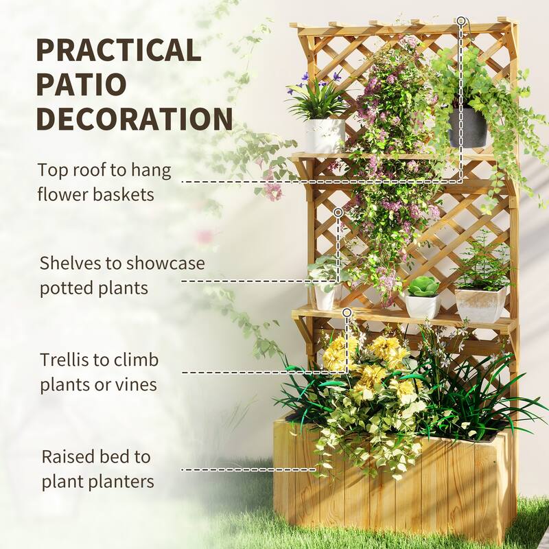 Outsunny Raised Garden Bed with Trellis and Wheels, Outdoor Wooden Elevated Planter Box, Freestanding Raised Flower Bed