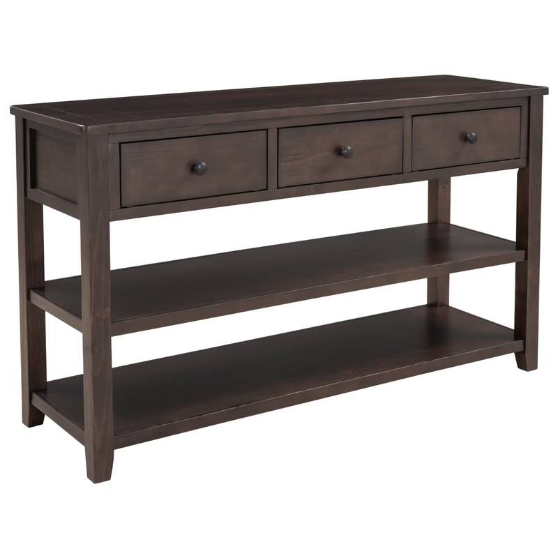 Retro Console Table Sofa Table with 2 Open Shelves and 3 Drawers, Pine Solid Wood Frame and Legs for Living Room, Entryway