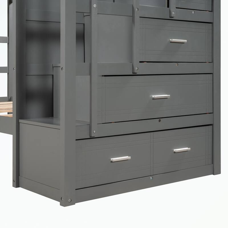 Hardwood Twin Over Twin Bunk Bed with Trundle and Staircase