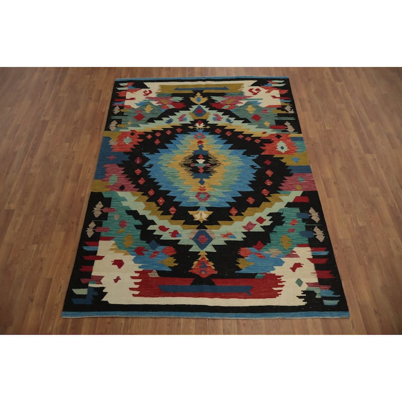 Hand Woven Oriental 100% Wool Carpet Southwestern Tribal Multi-Colored Kilim Area Rug - 8' 0'' X 5' 9''