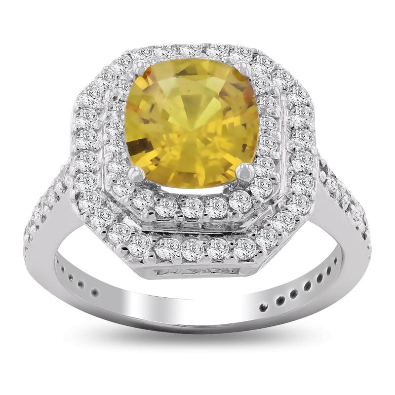 Auriya 14k Gold 2ct Yellow Cushion-Cut Sapphire and 3/4ctw Halo Diamond Engagement Ring