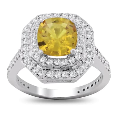 Auriya 14k Gold 2ct Yellow Cushion-Cut Sapphire and 3/4ctw Halo Diamond Engagement Ring
