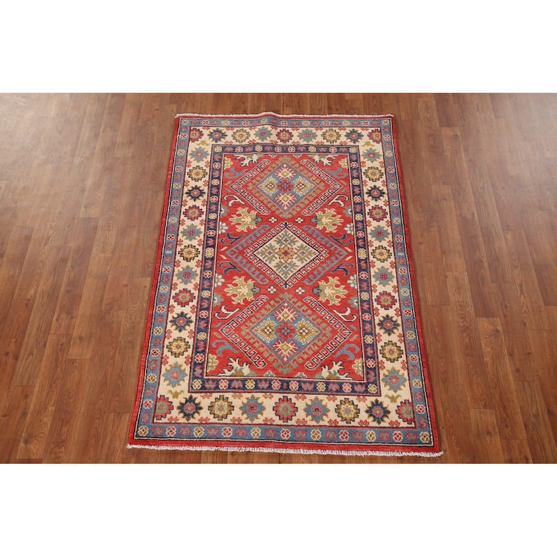 Geometric Kazak Rug Hand-Knotted Red Wool Carpet - 3'4"x 5'2"