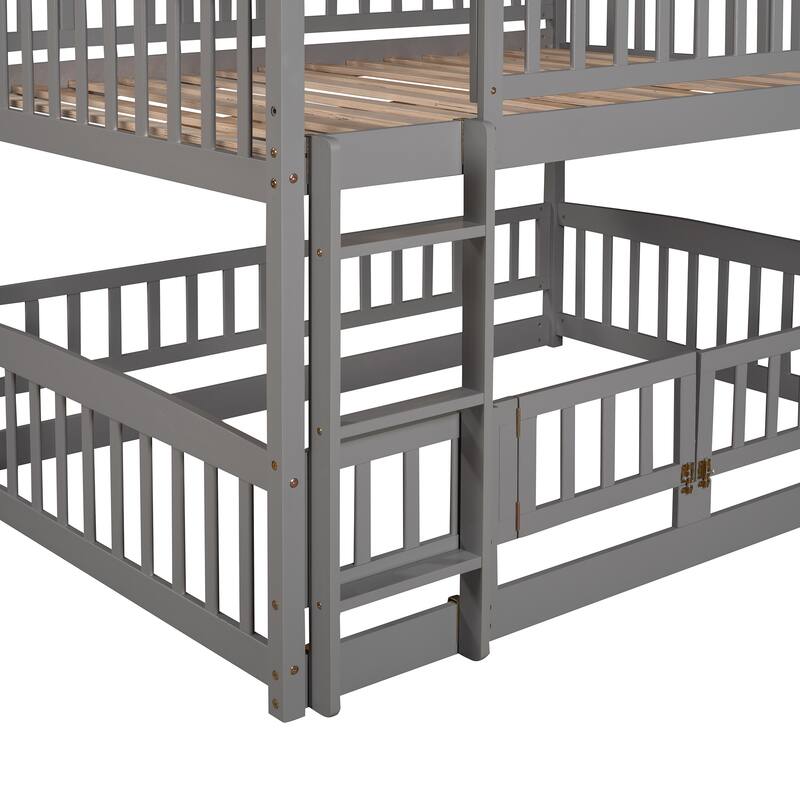 Solid Pinewood Floor Bunk Bed Frame with Slide and Ladder, Twin/Full Size Low Bunk Bed with Fence and Door for Kids Teens