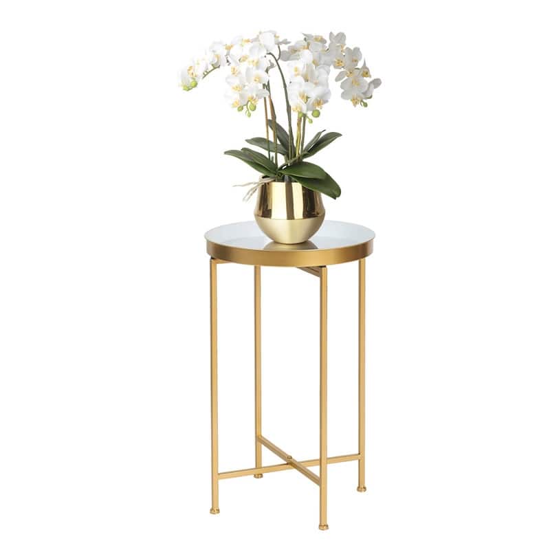 Adeco Round End Table Gold Metal Side Nightstand Accent Coffee Tables - 15""(D)x 15""(W)x 25.7""(H)