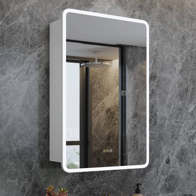 Rounded Edge LED Medicine Cabinet with Mirror, Dimmable, Anti-fog, Adjustable Shelves, Recessed or Wall Mount, ETL Certified - 16 in. W x 24 in. H Left Hinge