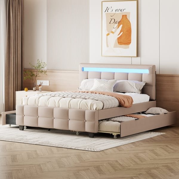 slide 2 of 15, Queen Size Upholstered Platform Bed with LED Headboard, Twin XL Size Trundle and 2 Footboard Drawers, Linen Fabric Beige - Queen