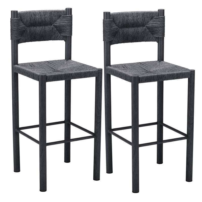 HomeRoots Set of Two 30" Black Rattan and Aluminum Low Back Bar Height Bar Chairs