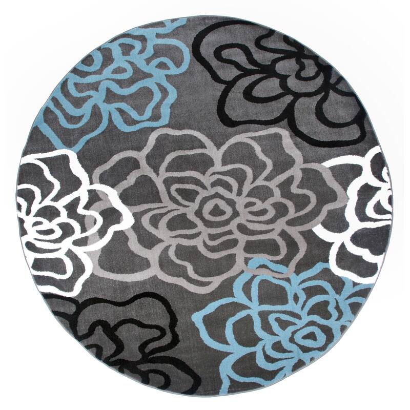World Rug Gallery Contemporary Modern Floral Flowers Area Rug - 6'6" Round - Dark Grey