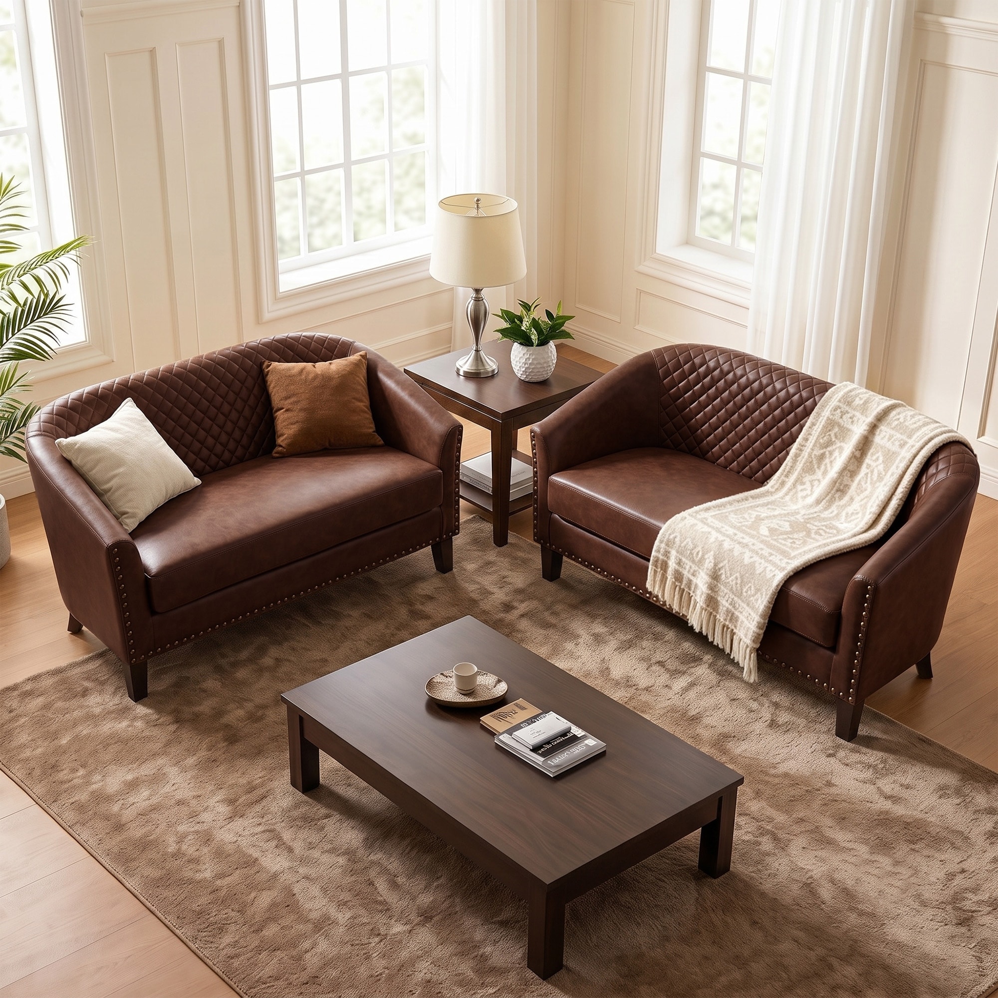 2-Piece Vintage Nailhead Trim Leather Loveseat Sofa