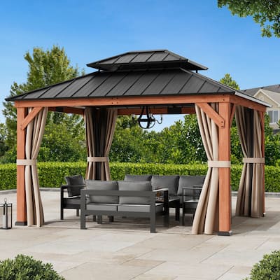 Wood Gazebo 10' x 12', Cedar Framed Grill Gazebo with Double Galvanized Steel Roof, Mosquito Netting and Curtains