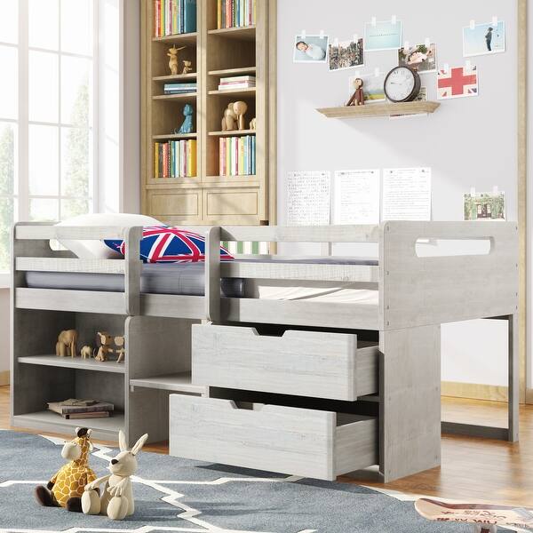 slide 2 of 11, Twin Size Loft Bed with Two Shelves, Pine Wooden Bed with Two Drawers, Kid's Bed with Guardrails, Antique White Antique White