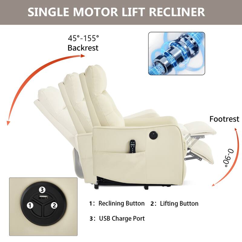Power Lift Recliner Chair with Massage & Heat, PU Leather Single Motor Heavy Duty Recliner Chair, Lounge Chair with USB Port