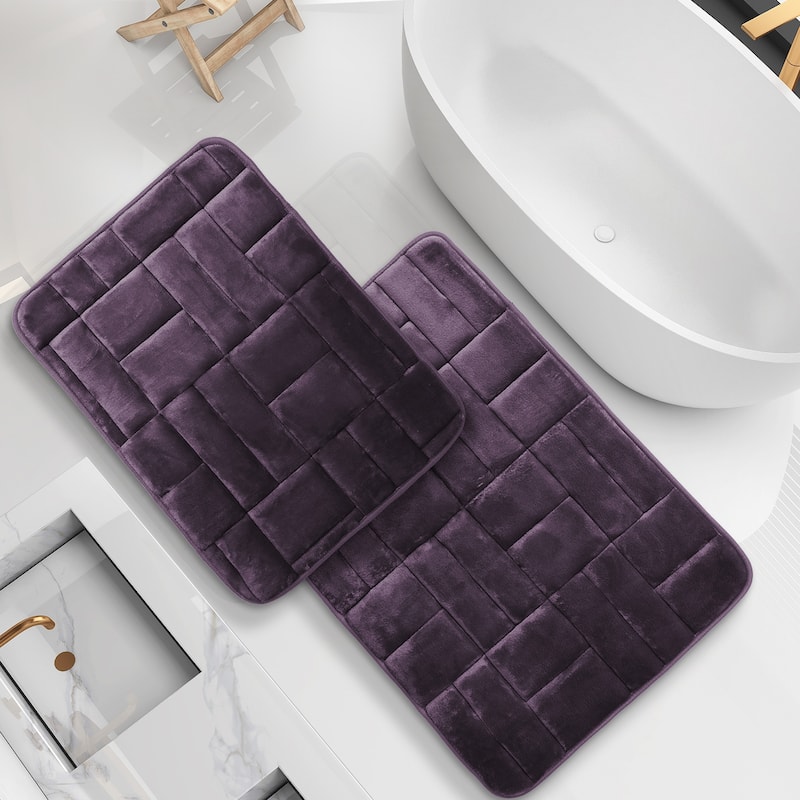 Clara Clark Ultra Soft Non Slip and Absorbent Bath Rug - Tiled Velvet Memory Foam Bath Mat - Small-Large (2PK) - Purple Eggplant