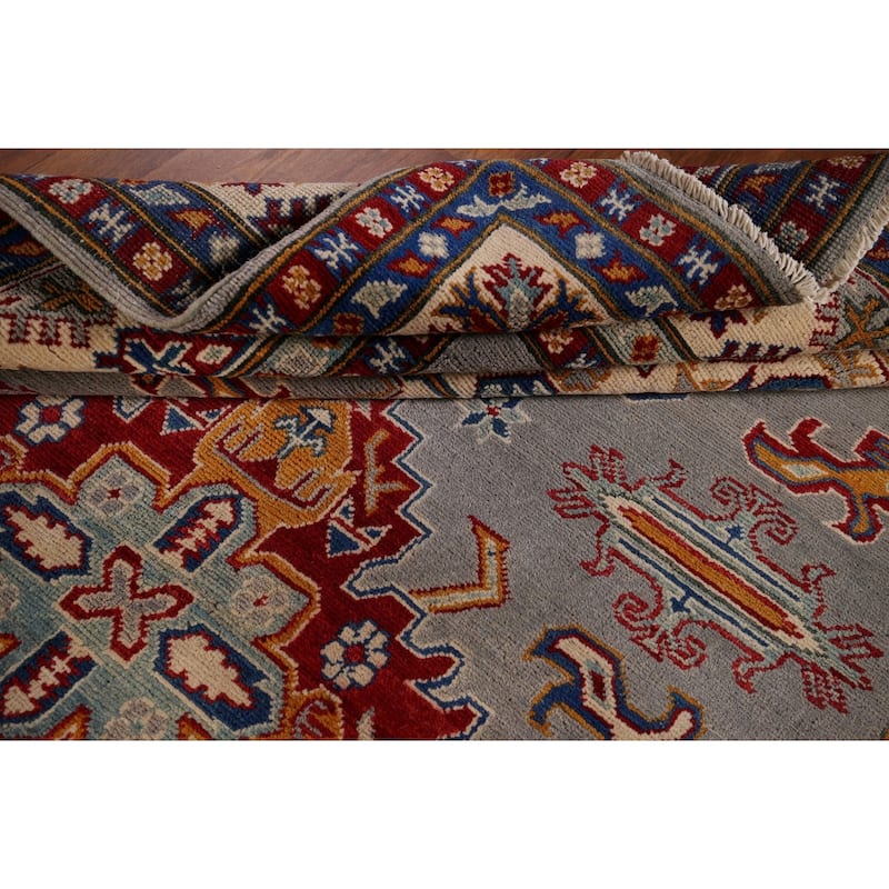Geometric Kazak Rug Hand-Knotted Grey Traditional Wool Carpet - 5'10" x 8'4"