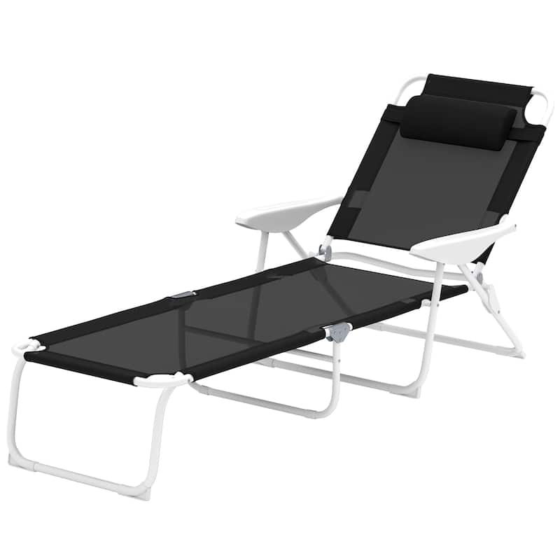 Foldable Adjustable Chaise Lounge Chair with Pillow and Armrests Portable Mesh Sun Lounger for Patio Poolside and Backyard - Black