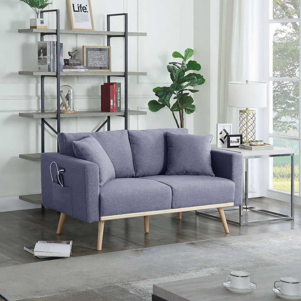 Linen Upholstered Loveseat with 2 Pillows