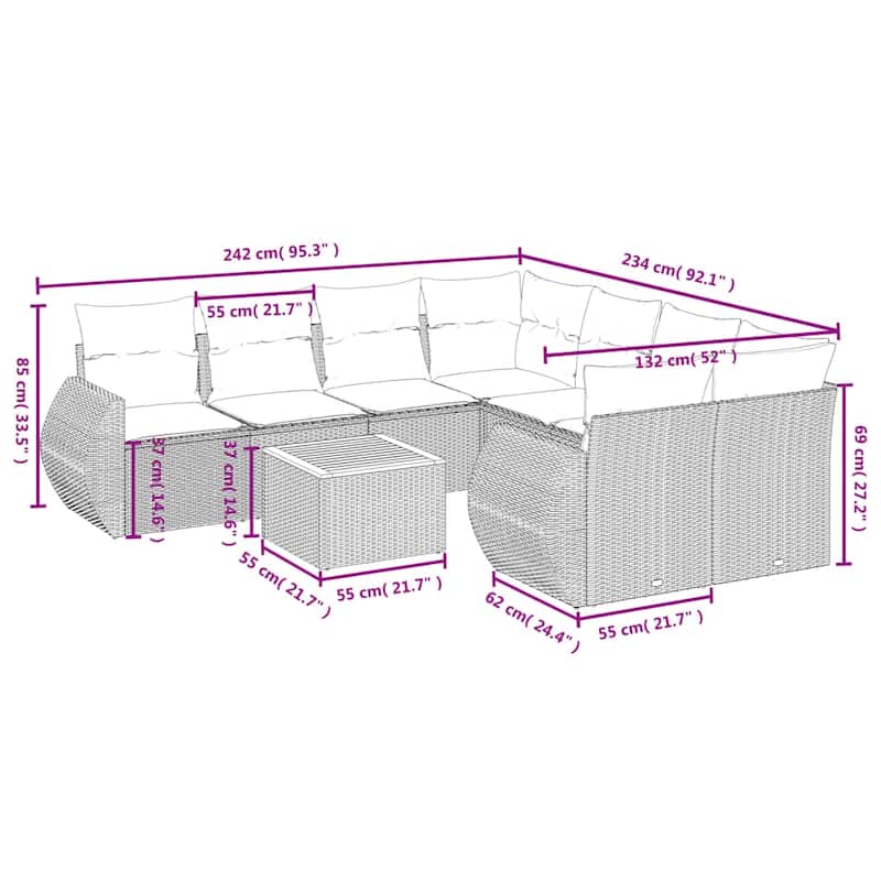 vidaXL Patio Sofa Set with Cushions Outdoor Furniture 9 Piece Poly Rattan - 24.4 x 27.6 x 27.2