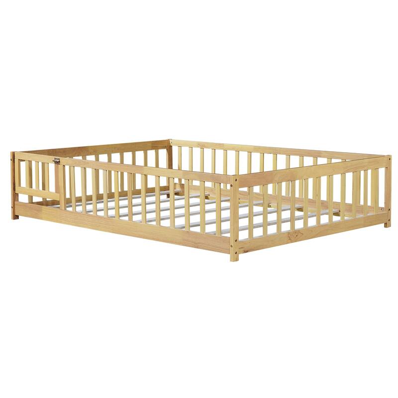 Full Size Rubber Wood Floor Bed with Safety Fence and Door, Natural Finish, Easy Assembly