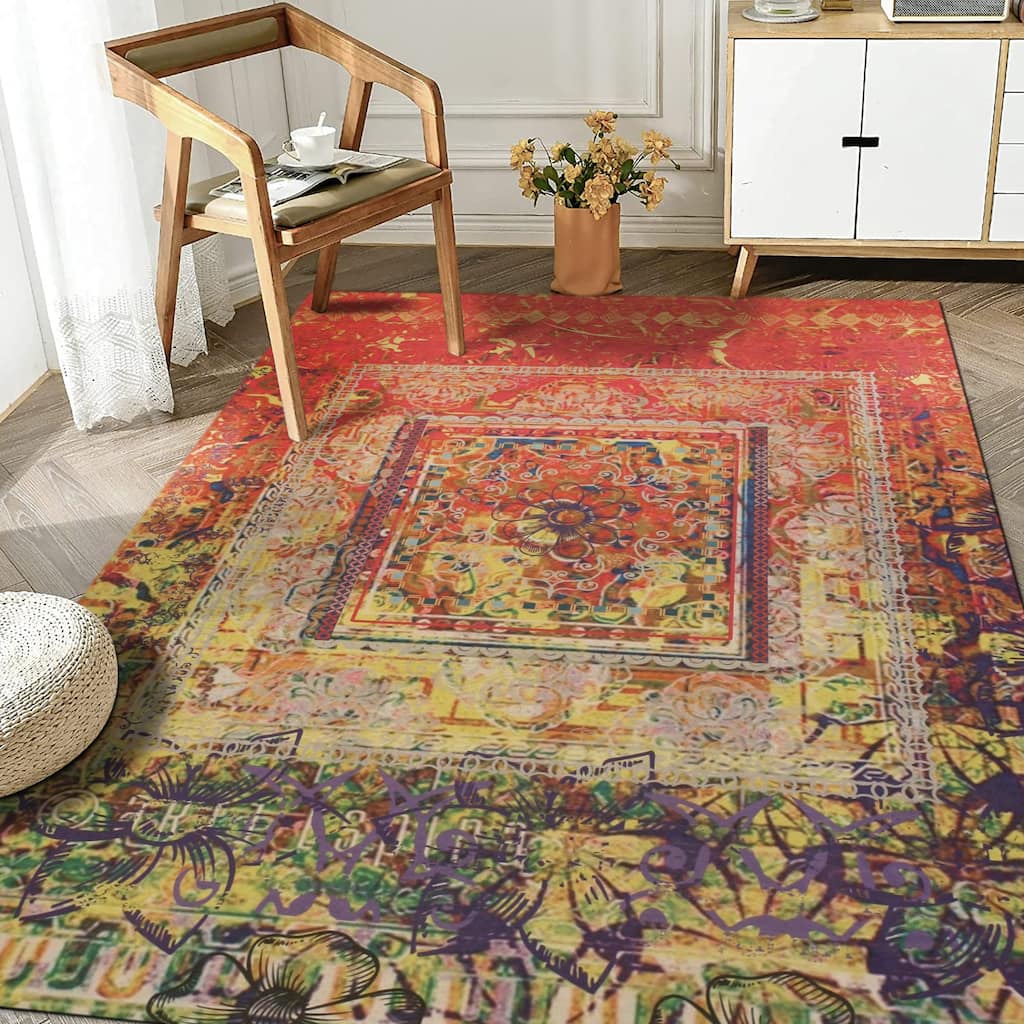 Red Distressed Bohemian Moderno Rug by , Stylish and Bold Area Rug for Adding a Bohemian Flair to Your Living Room