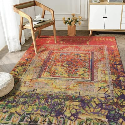 Red Distressed Bohemian Moderno Rug by , Stylish and Bold Area Rug for Adding a Bohemian Flair to Your Living Room