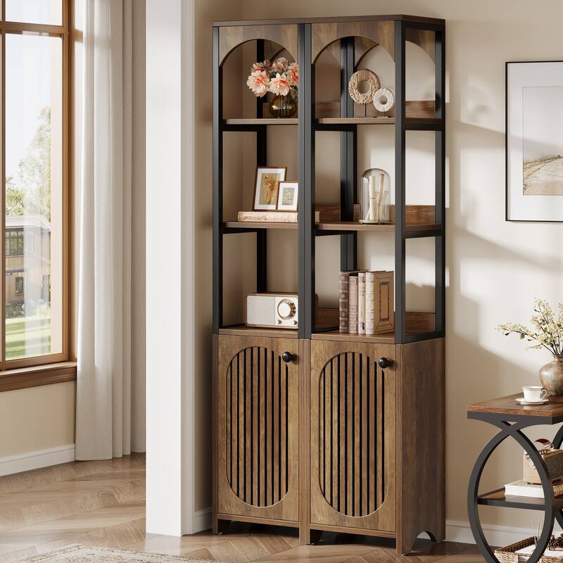 70.87" Tall Narrow Bookshelf with Louvered Door Cabinet, Industrial Corner Shelf for Living Room - 2Pack-Rustic Brown