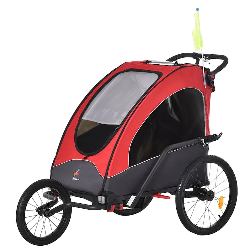 Multi-Functional Bike Trailer for Kids, Twin Stroller & Jogger with 5-Point Harness, Premium Rubber Tires, and Foldable Design - Red