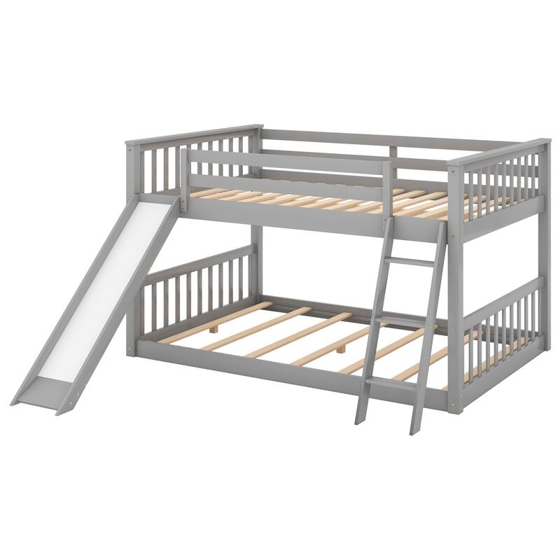 Convertible Full over Full Bunk Bed with Slide and Ladder, Gray
