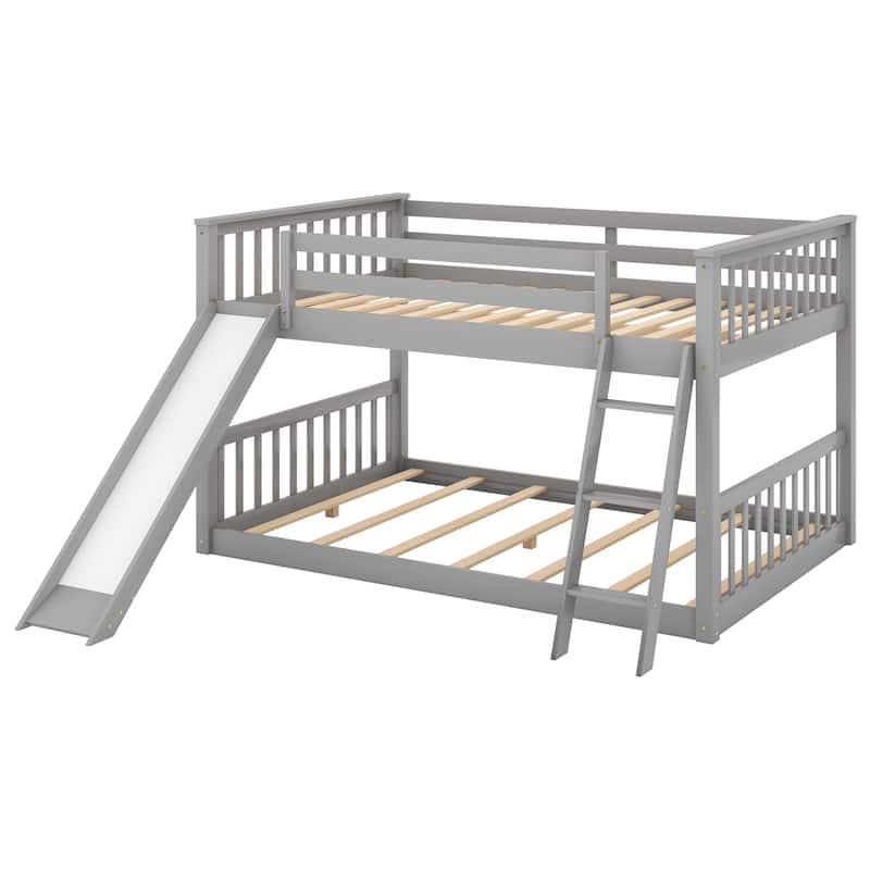 Full Over Full Floor Bunk Bed with Slide and Ladder, Wood Bunk Bed